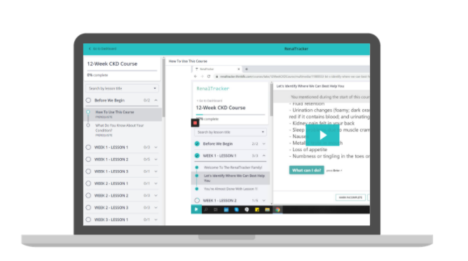The screen of a laptop displaying the RenalTracker 12-Week Online CKD Program for $47.