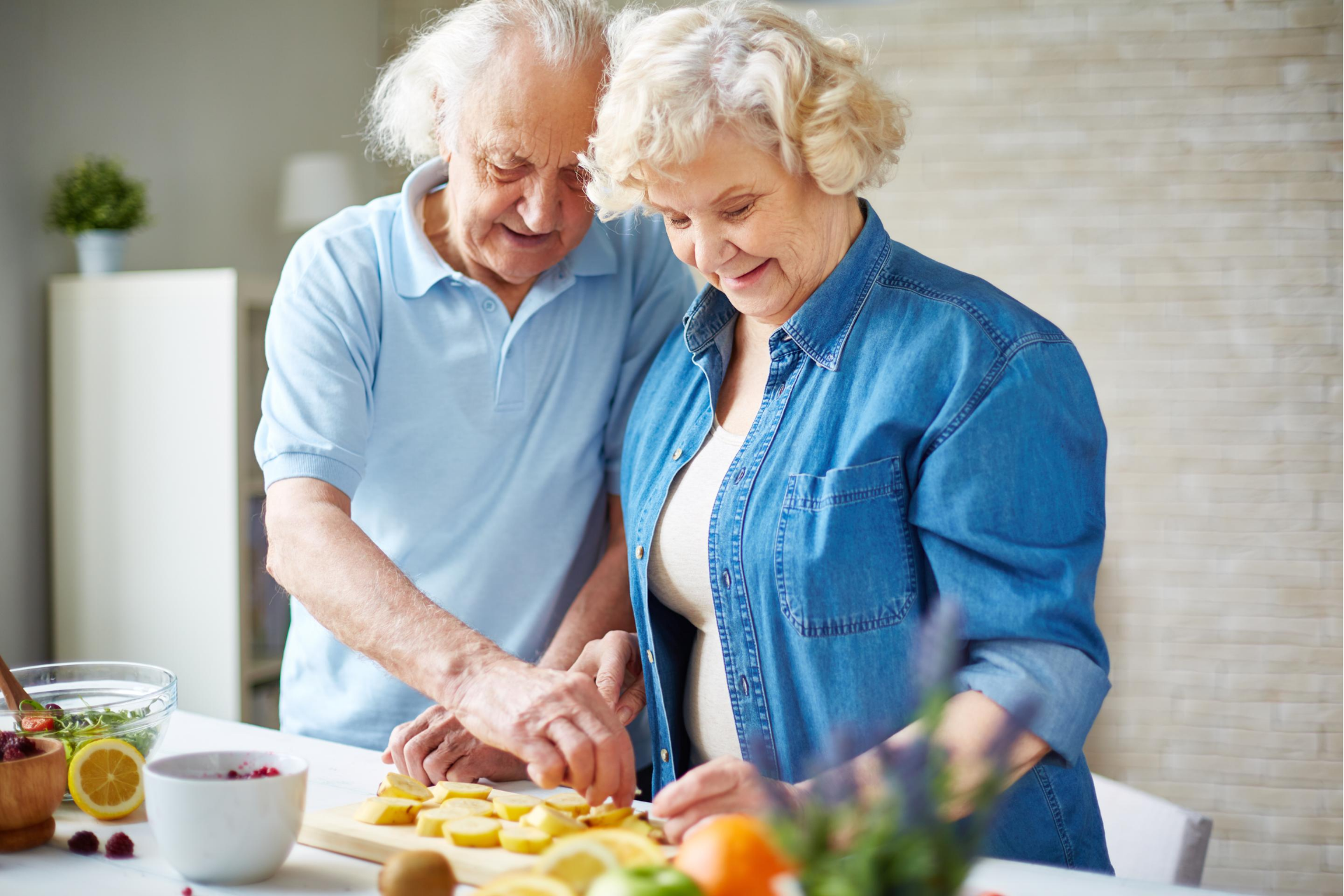 Senior couple preparing for a plant-based diet food