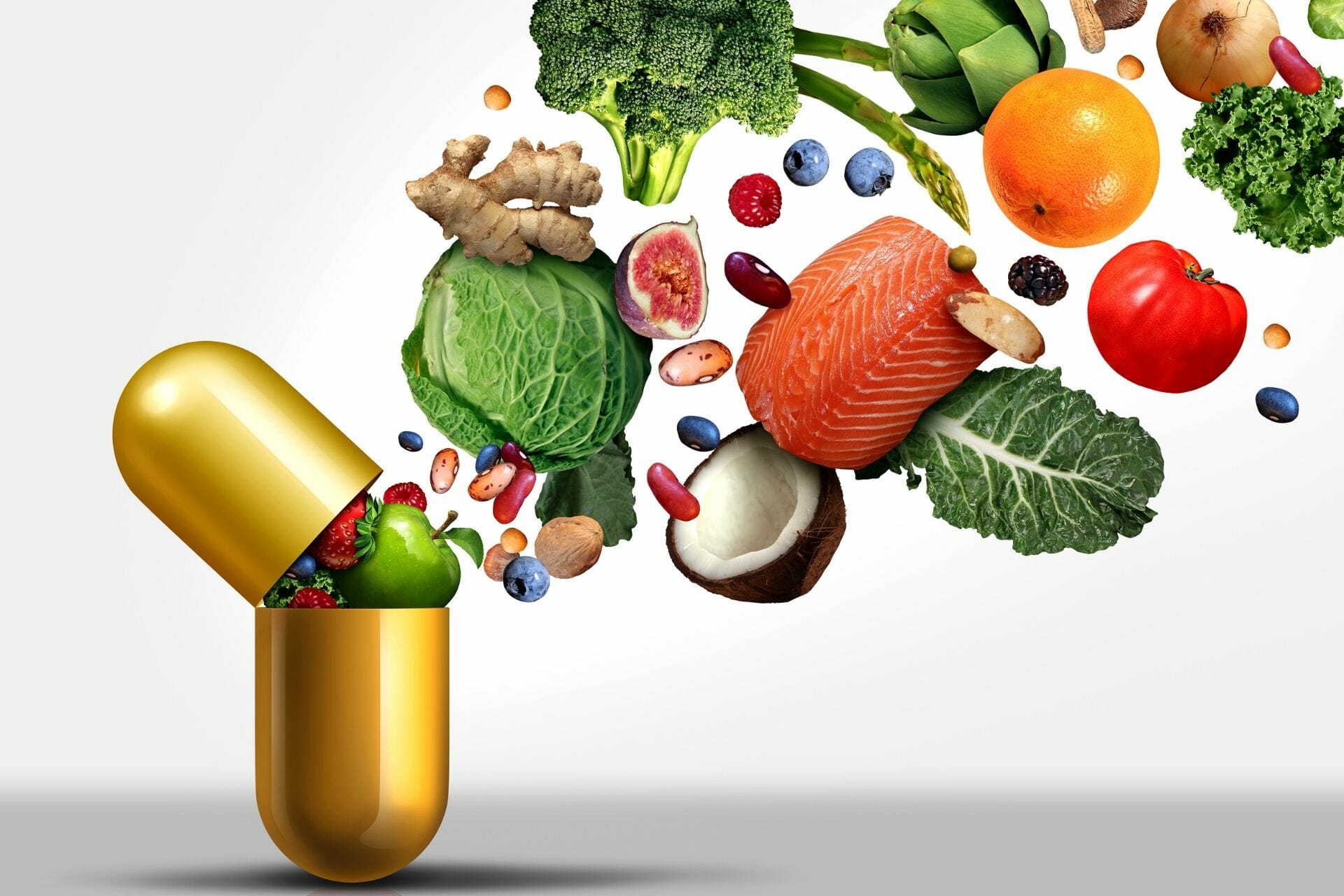 A gold capsule bursting with vitamin-rich fruits and vegetables designed for individuals with Chronic Kidney Disease (CKD).