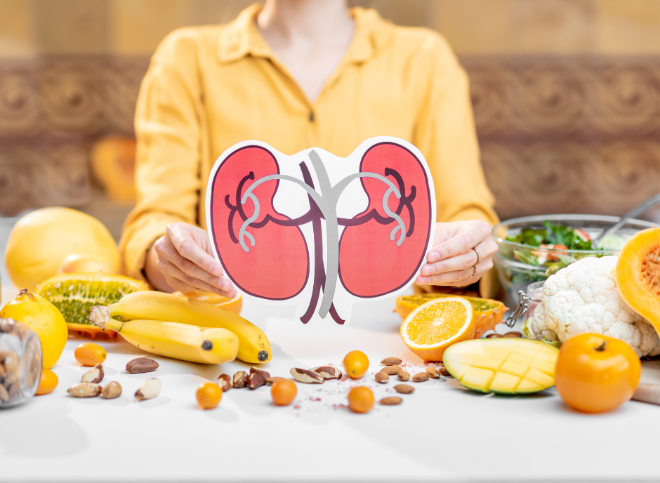 A woman holding a picture of a kidney in front of fruits and vegetables.