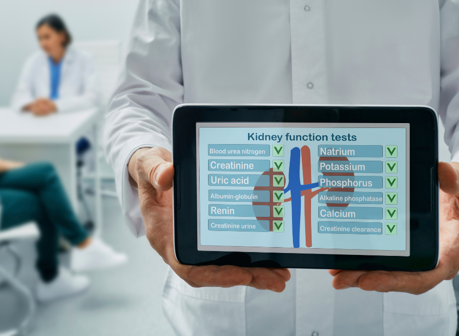 A doctor is holding a tablet with information about a kidney transplant.