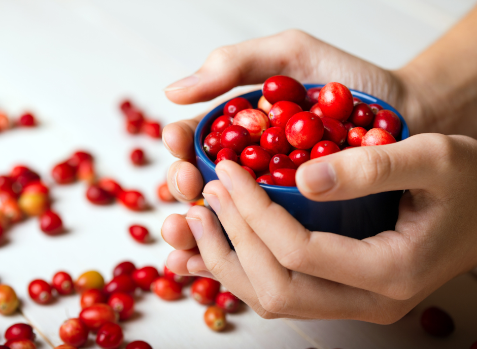 A person holding cranberries in a blue bowl.