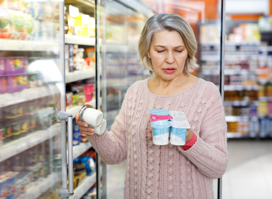 A woman is looking at yogurt in a grocery store.