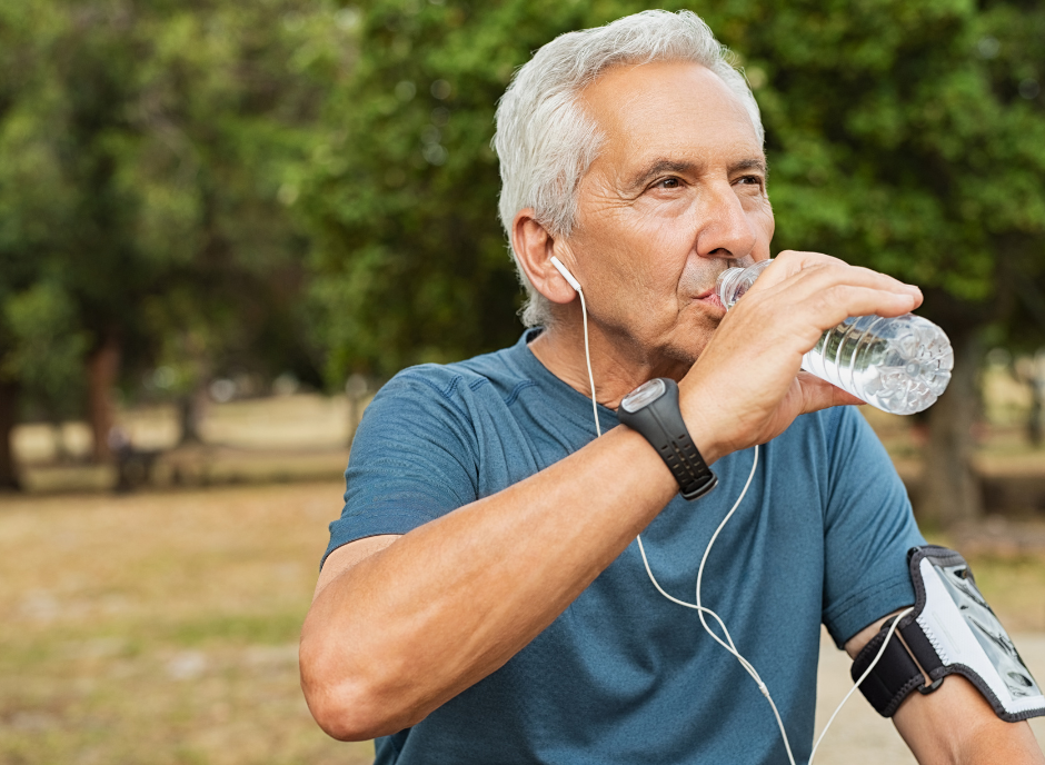 An older man drinking water while listening to music.