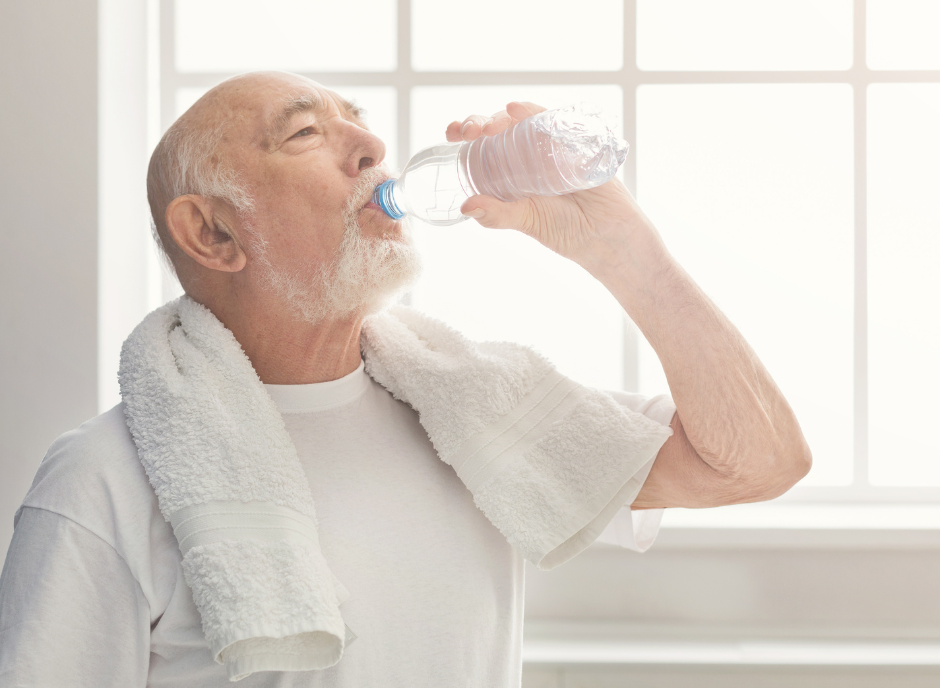An elderly man drinking water from a bottle.