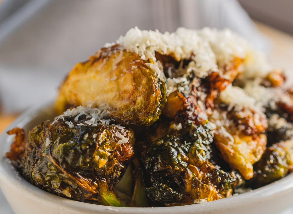 Roasted brussels sprouts with parmesan cheese.