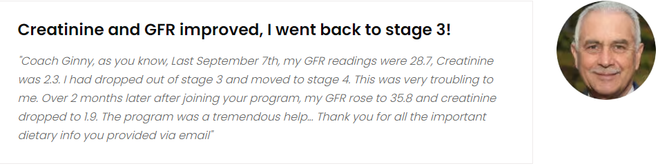 Testimonial from a man expressing improvement in his kidney function after following a program, featuring his portrait on the right side.