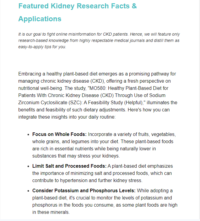 A webpage highlighting a "featured kidney research fact sheet" focusing on plant-based diets for chronic kidney disease management.