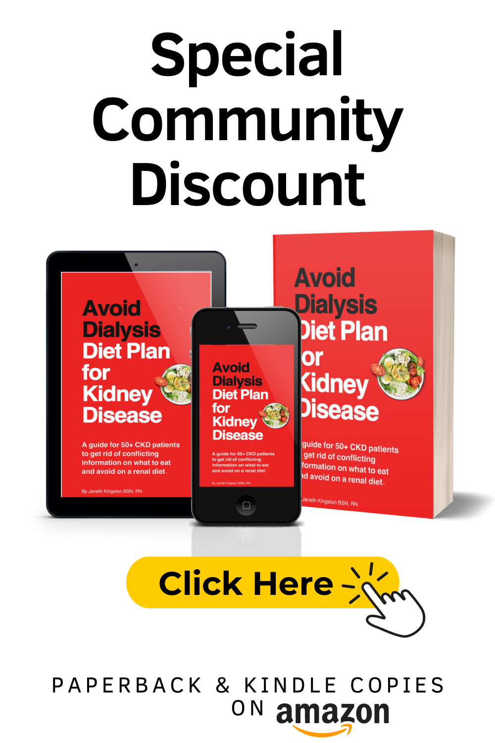 Promotional image featuring an e-book titled "avoid dialysis, 10 step diet plan for healthier kidneys" available on amazon, with a red cover displayed on different devices including a tablet, a smartphone, and a paperback version.