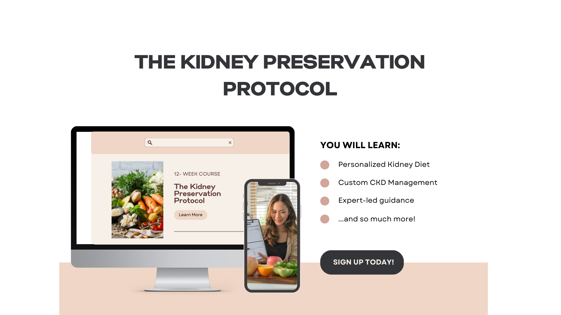 Digital health course advertisement for "the kidney preservation protocol" displayed on a computer monitor and smartphone.