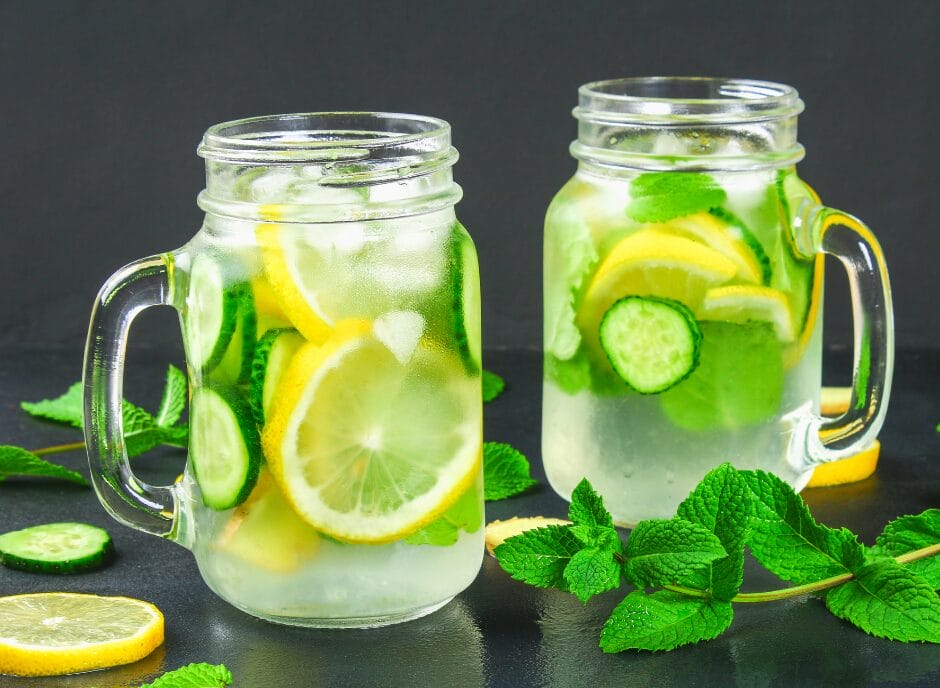 Two mason jars filled with lemon, cucumber, and mint infused water on a dark background.