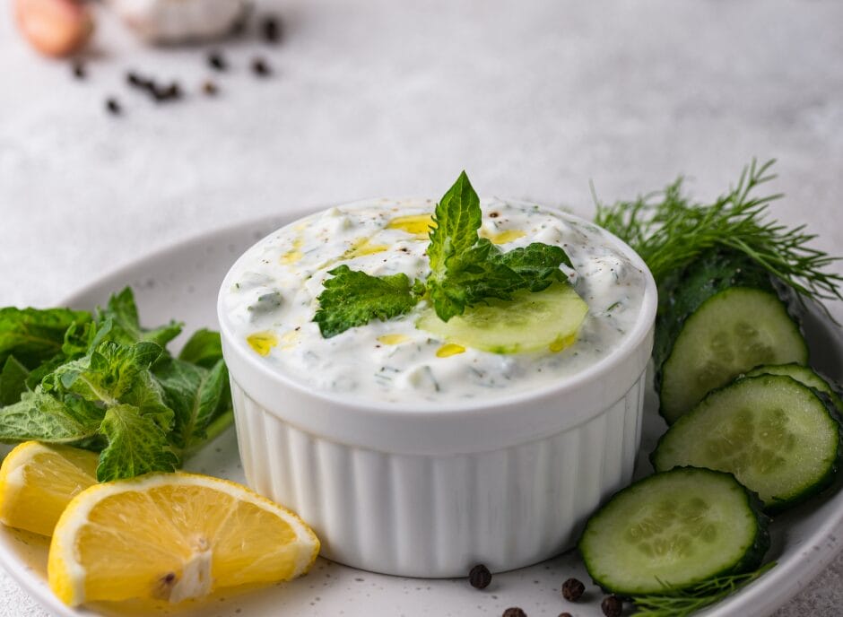 A white ramekin filled with cucumber yogurt dip garnished with mint leaves and a cucumber slice, surrounded by cucumber slices, lemon wedges, and fresh herbs on a plate.