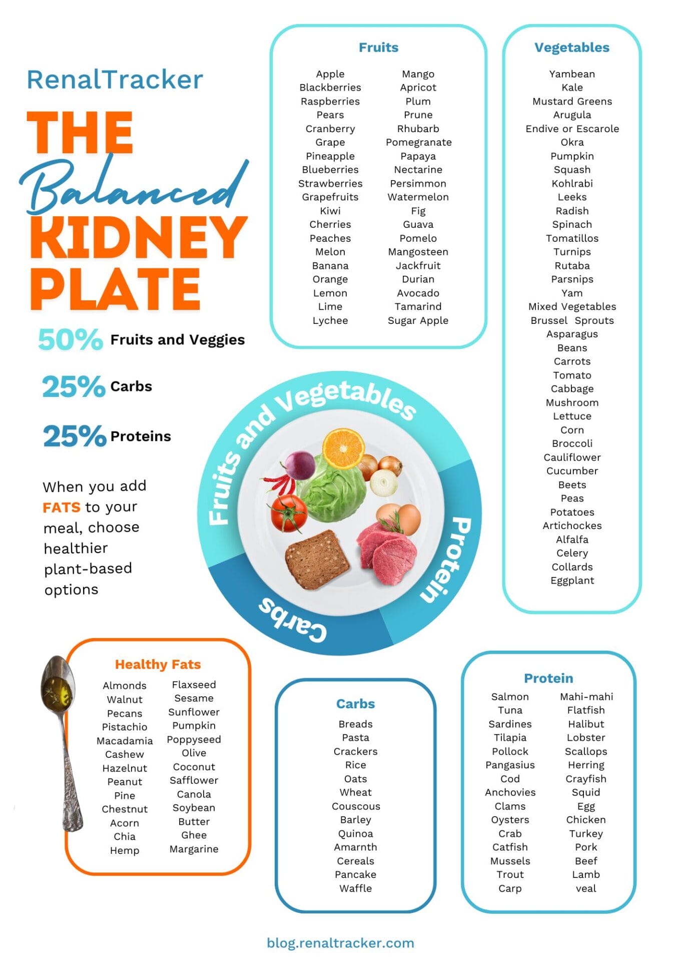 Infographic titled "The Balanced Kidney Plate" showing food groups for a kidney-friendly diet: 50% fruits and veggies, 25% carbs, 25% proteins, with suggestions for each category and healthy fats.