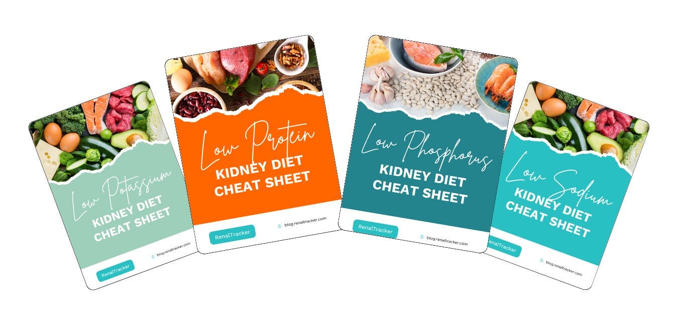 Four colorful cards labeled as "Kidney Diet Cheat Sheet" featuring top foods categorized by low potassium, low protein, low phosphorus, and low sodium. Each card shows related food images.