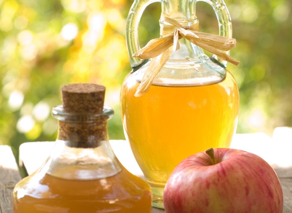 Two bottles of apple cider vinegar, one with a cork and one with a handle and ribbon, are placed on a table next to a fresh apple. Background is greenery and sunlight.