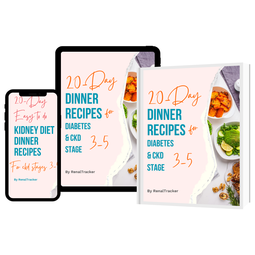 Three books titled "20 Day Easy To Do Kidney Diet Dinner Recipes for CKD Stages 3-5" and "20 Day Dinner Recipes for Diabetes & CKD Stage 3-5" by RenalTracker.