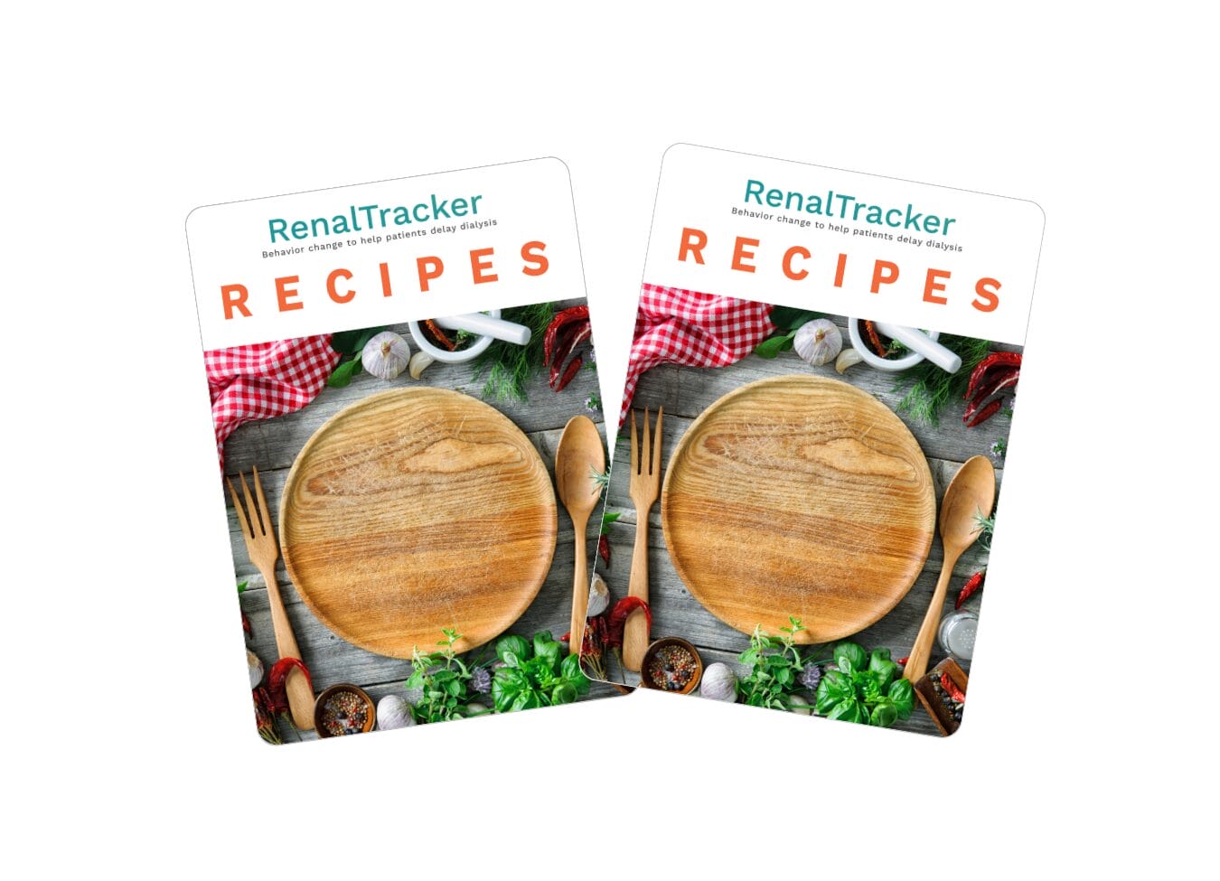 Two RenalTracker recipe cards featuring a wooden plate, wooden utensils, spices, and greens on a wooden surface with a red checkered cloth.