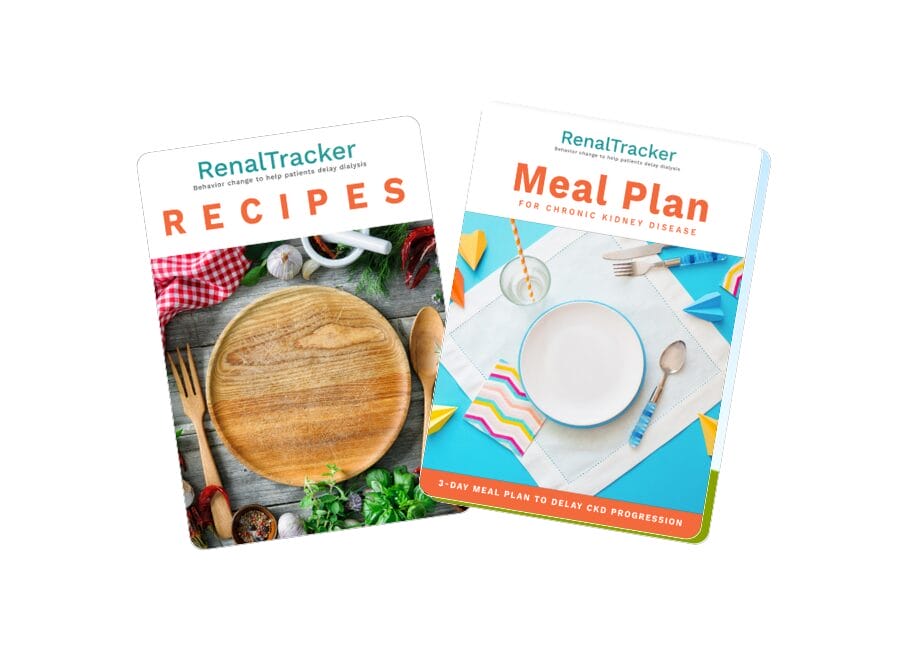 Two booklets titled "RenalTracker Recipes" and "RenalTracker Meal Plan for Chronic Kidney Disease" featuring kitchenware and utensils on their covers.