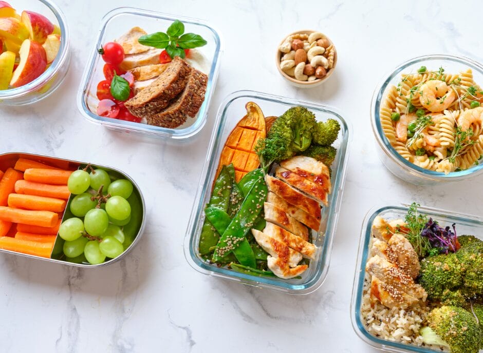 A variety of meal prep containers on a marble surface, including salads, grilled chicken, pasta, sliced fruits, carrots, grapes, broccoli, and a small bowl of mixed nuts.