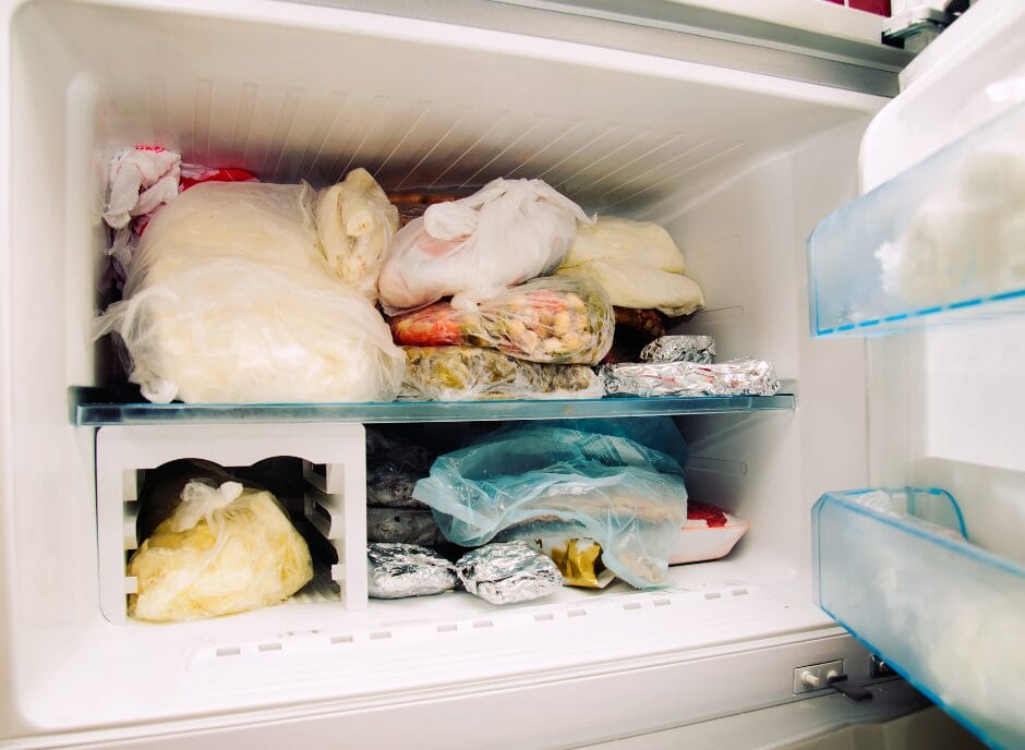 A packed freezer with various foods wrapped in plastic and foil, including meats and vegetables, on multiple shelves.