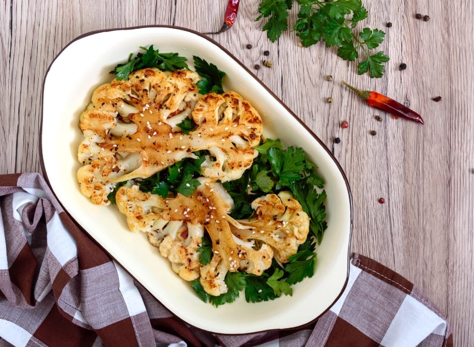 Grilled cauliflower steaks on a bed of parsley, served on a white oval plate, with scattered spices and herbs on a wooden surface.