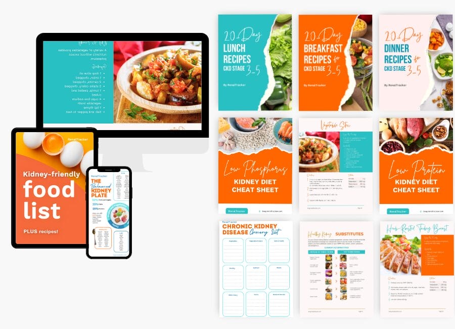 Digital display showing various kidney-friendly diet resources, including food lists and meal plans on a computer, tablet, and phone.
