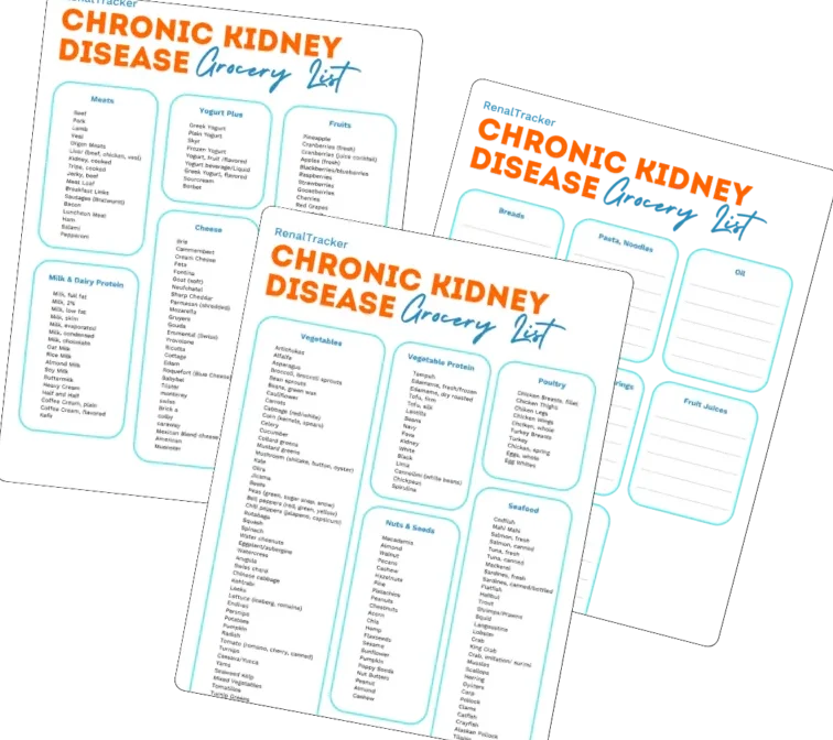 Chronic kidney disease grocery list with categories like meats, dairy, grains, veggies, fruits, and more. Extra note cards included beside the main lists.