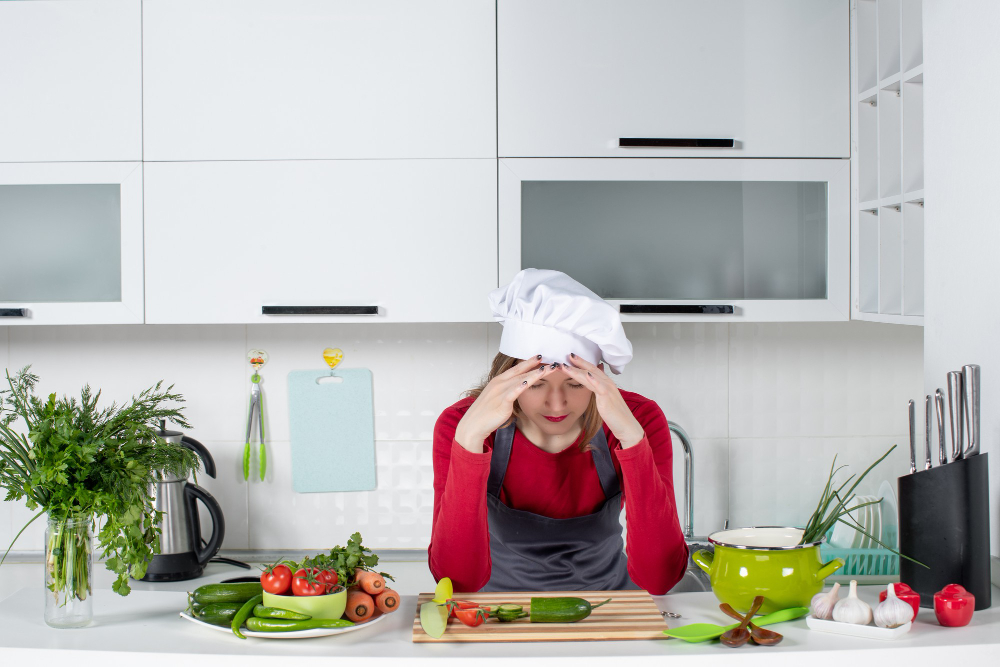 A woman in a chef hat and apron sits at a kitchen counter, looking stressed with her head in her hands, surrounded by vegetables and cooking utensils. A woman in a chef hat and apron sits at a kitchen counter, looking stressed with her head in her hands, surrounded by vegetables and cooking utensils.