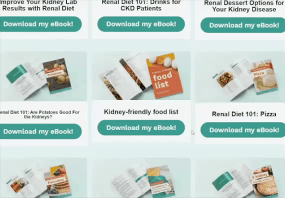 Grid of eBook covers and buttons, each labeled “Download my eBook!”, with topics related to renal diets and kidney-friendly eating options.