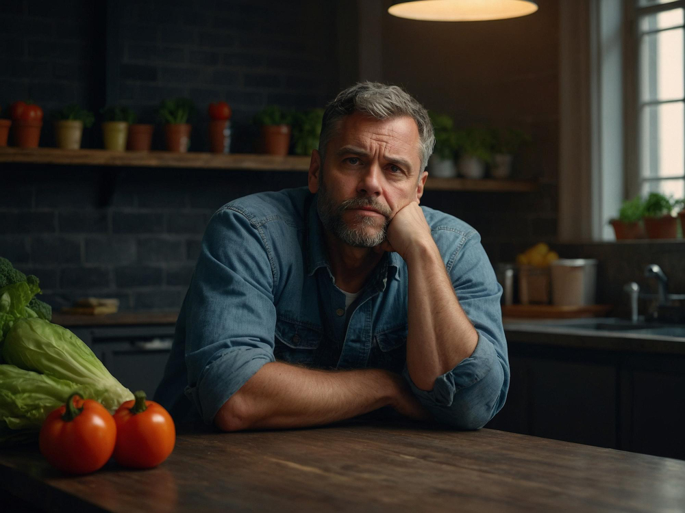 A man with gray hair and beard sits at a wooden kitchen table, resting his head on his hand, with lettuce and tomatoes in front of him. Shelves with plants are in the background. A man with gray hair and beard sits at a wooden kitchen table, resting his head on his hand, with lettuce and tomatoes in front of him. Shelves with plants are in the background.
