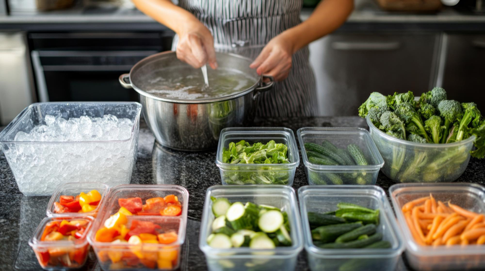 Person preparing vegetables in a kitchen, with various chopped vegetables in containers and a pot of water being stirred on the countertop.