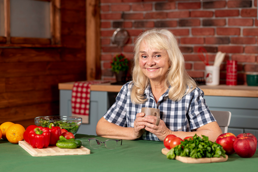An older woman with long gray hair sits at a kitchen table with fresh vegetables, a glass of water in her hands, and a checkered shirt, smiling at the camera.