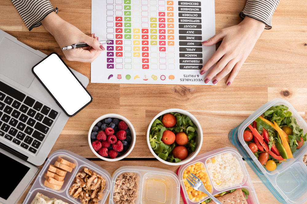 Person filling out a meal planner at a desk with a laptop, smartphone, and various containers of fruits, vegetables, and prepared food.