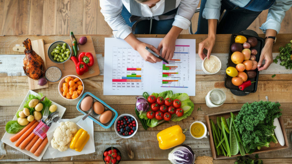 Two people review a meal plan chart surrounded by fresh fruits, vegetables, eggs, olives, and cooked chicken on a wooden table.
