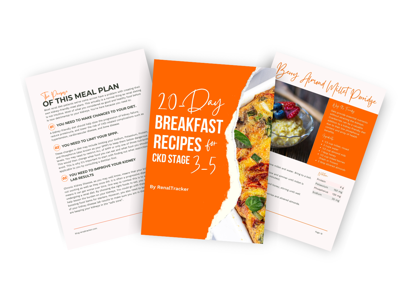 Three pages of a meal plan booklet titled “20 Day Breakfast Recipes for CKD Stage 3-5” are displayed, featuring recipes, meal tips, and a colorful breakfast dish photo.
